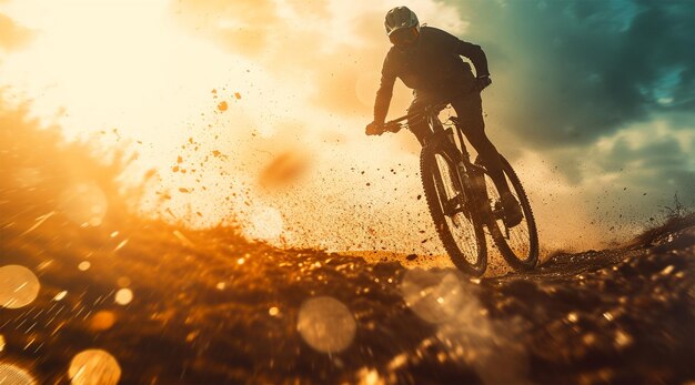 Ciclista montando la bicicleta en el sendero en el hermoso bosque de otoño Concepto de deporte extremo