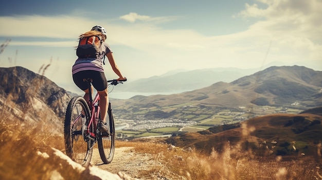 Foto ciclista montando en bicicleta en un sendero de montaña