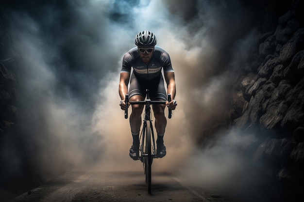 un ciclista montando su bicicleta en el humo de las colinas sobre un fondo borroso