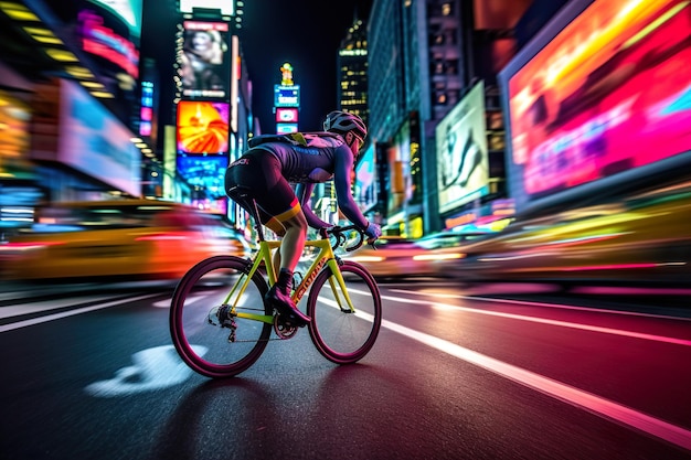 Ciclista en movimiento en el fondo de la ciudad nocturna con luces de colores