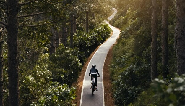 Ciclista na estrada na floresta tropical da ilha de Bali, na Indonésia