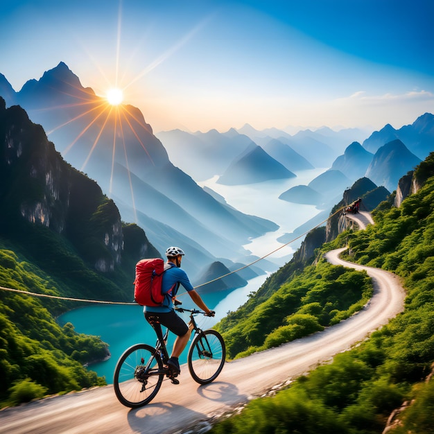 Ciclista na estrada nas montanhas Esporte e conceito de vida ativa