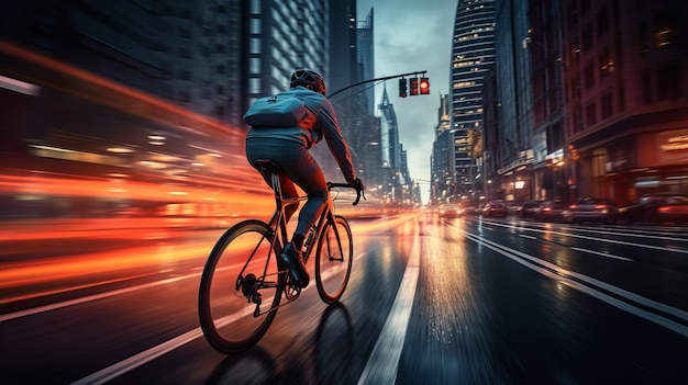 Ciclista navega através de uma paisagem urbana com luzes bela imagem de ilustração IA generativa
