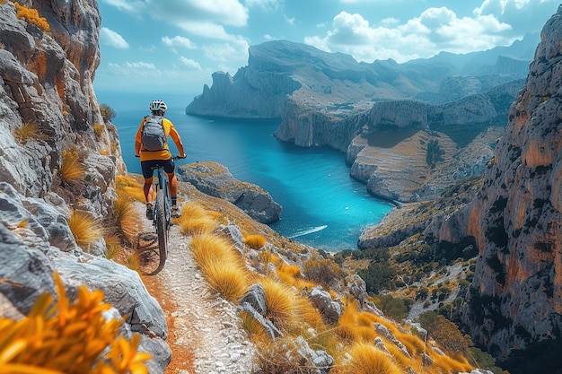 Ciclista no caminho da montanha com vista para o mar azul deslumbrante adequado