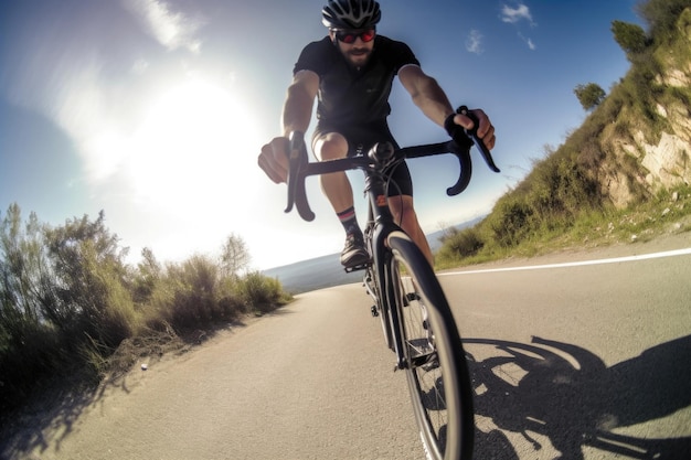 Ciclista profissional em capacete de proteção treina na estrada Generative AI