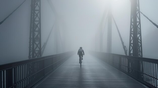 Un ciclista en el puente en la niebla de la mañana