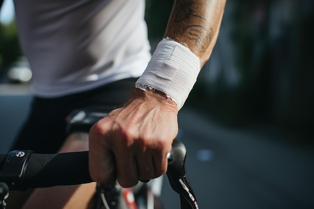 Un ciclista que fija rápidamente un vendaje autoadhesivo