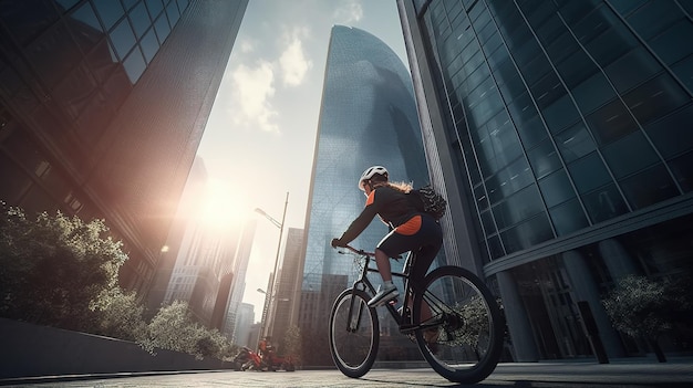 Un ciclista recorre una ciudad con la ciudad de Londres al fondo.