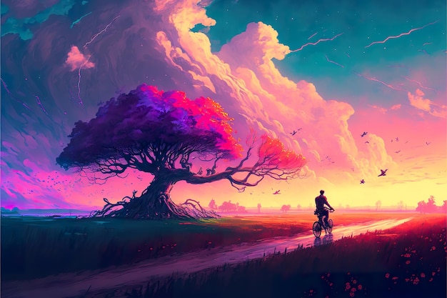 Un ciclista recorre un colorido paisaje con un árbol.