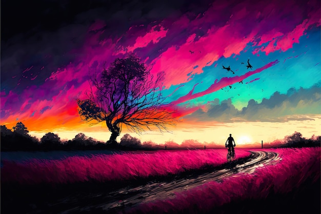 Un ciclista recorre un colorido paisaje con un árbol.