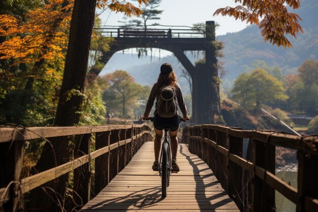 Un ciclista solitario cruza el puente colgante sobre el generativo IA de Río