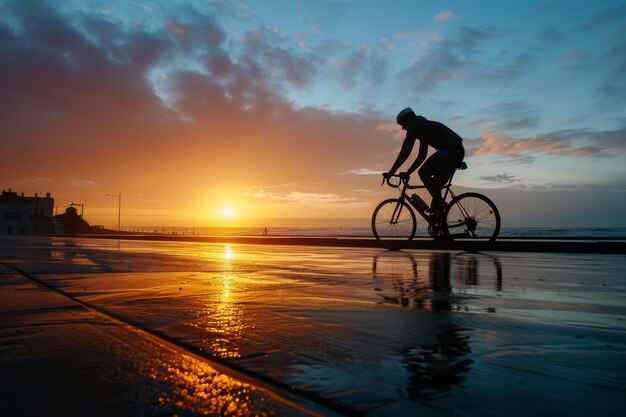 Foto ciclista en solitario montando a lo largo del paseo marítimo al amanecer reflejando el tiempo personal y la reflexión