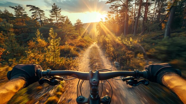 Foto ciclista solo acelerando ao longo de uma rota cênica capacete ao sol banhando o caminho estilo de vida ativo ao ar livre viagem vibrante e libertadora ai generative