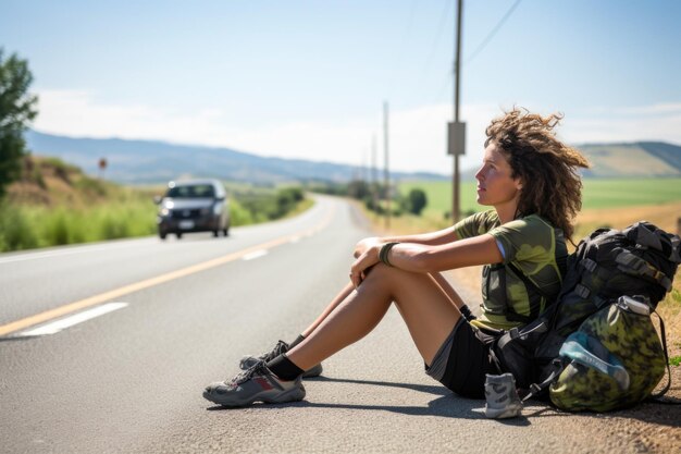 Foto ciclista tomando un descanso durante un largo viaje por carretera