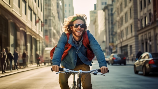 Ciclista urbano navega pelas ruas da cidade bela ilustração imagem IA geradora