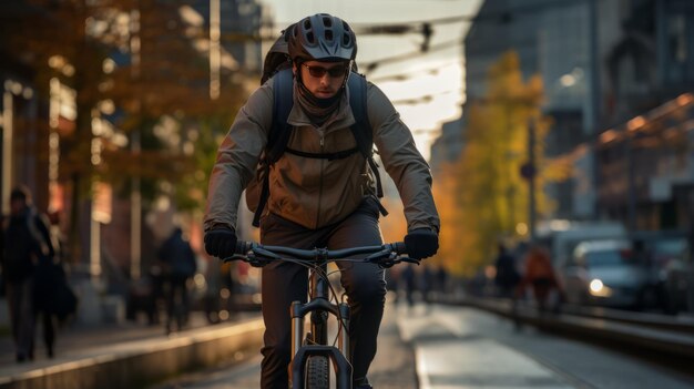 Foto ciclista viaja por las calles de la ciudad