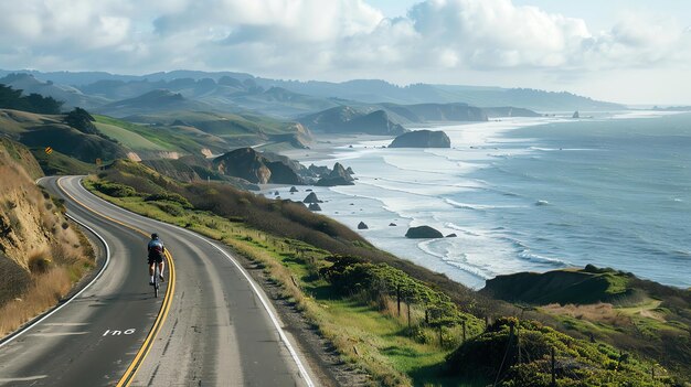 Foto un ciclista viaja por una carretera costera disfrutando del impresionante paisaje