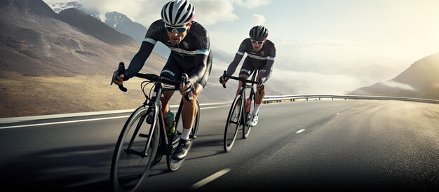 Foto ciclistas en bicicletas de carreras con cascos tomando un descanso en la carretera