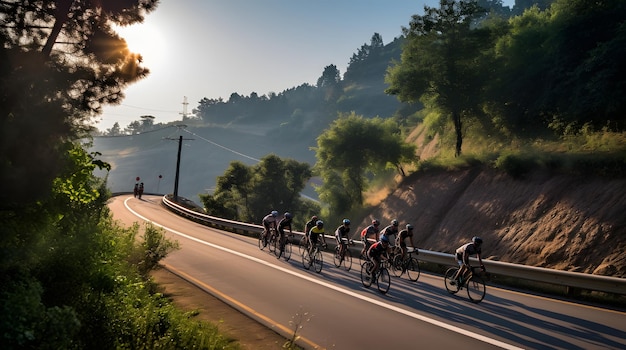 Ciclistas en una carrera de carretera pedaleando por una colina empinada