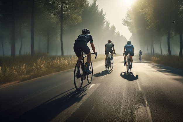 Ciclistas en una carretera con árboles al fondo