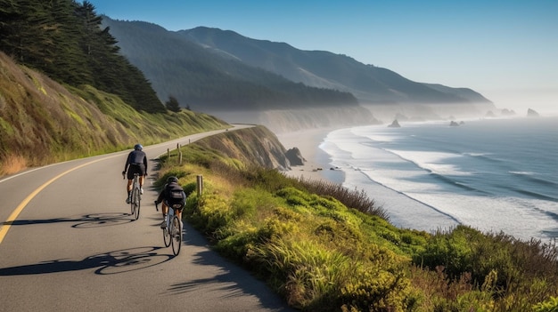 Ciclistas en una carretera con el mar de fondo