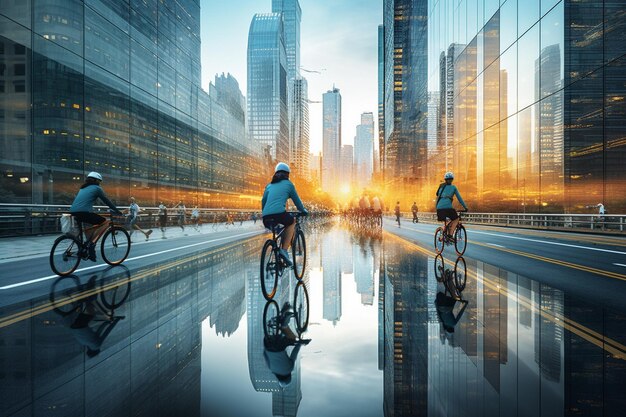 Los ciclistas de la ciudad pasan a toda velocidad por los rascacielos disfrutando del ejercicio