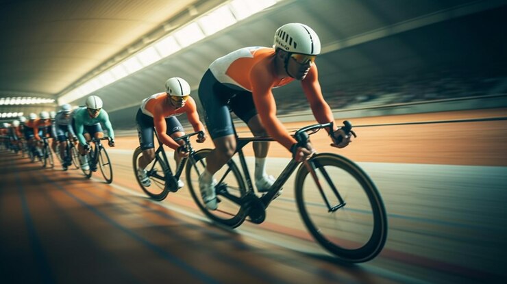 Ciclistas compitiendo en la carretera por la noche con efecto de borrón de movimiento