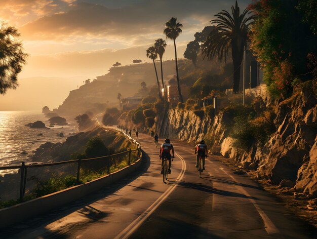 Foto los ciclistas corren por una carretera costera con una hermosa vista del atardecer