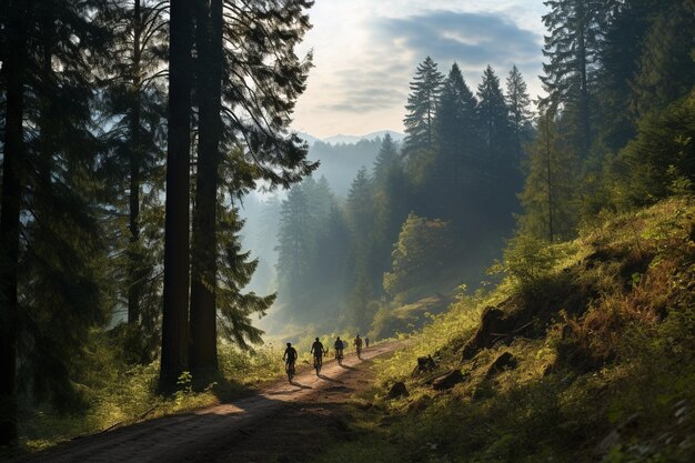 Ciclistas de montanha correndo por uma trilha florestal