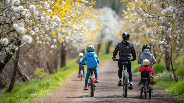 Ciclistas desfrutando da beleza da natureza em bicicletas em meio a árvores e grama AIG41