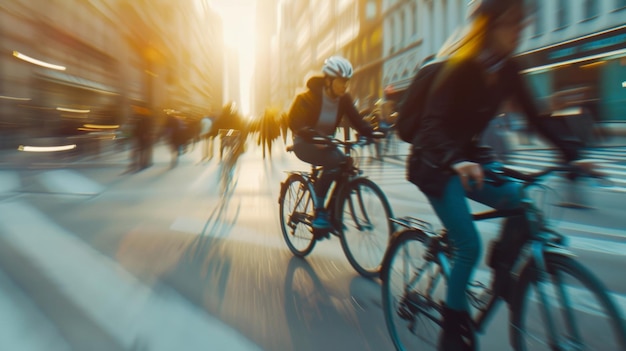 Foto los ciclistas se desvanecen en una dinámica prisa urbana durante el enérgico viaje matutino