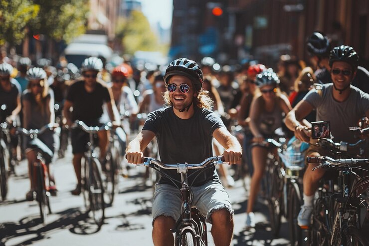 Los ciclistas disfrutan de un paseo vibrante por una animada calle de la ciudad durante un día soleado IA generativa
