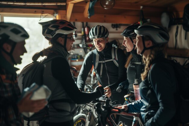 Foto ciclistas em um estabelecimento de alojamento destacando o armazenamento de bicicletas todos vestindo equipamentos de ciclismo banhados no