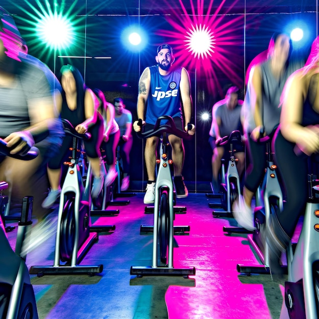 Ciclistas enfocados en un entrenamiento de ciclismo interior iluminado