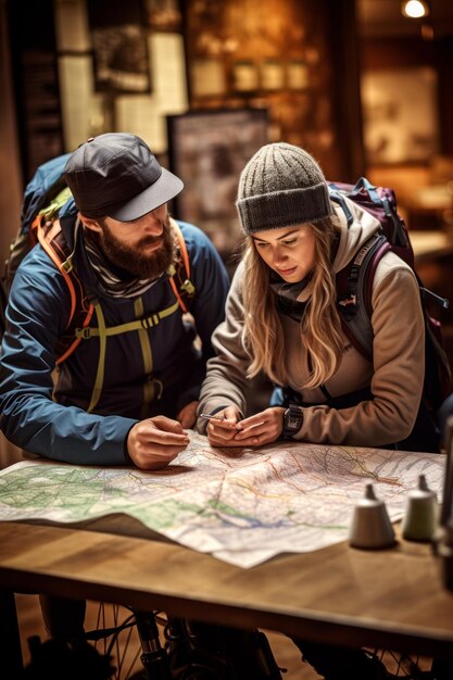 ciclistas estudiando mapas y rutas en una cafetería amigable con los ciclistas