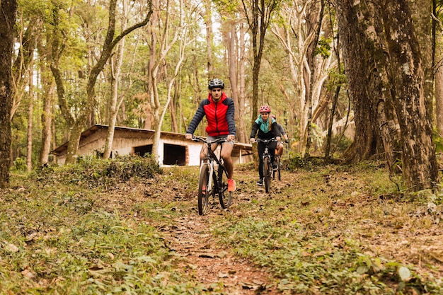 Ciclistas en la jungla. Los ciclistas hacen ejercicio al aire libre. Concepto de deporte y aire libre.