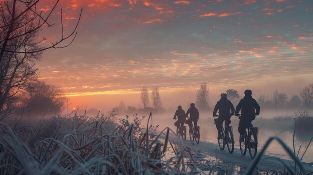 Ciclistas montando bajo el cielo ardiente del amanecer Siluetas de ciclistas montando a lo largo de un camino helado bajo un cielo impresionante encendido con los colores ardientes del amanecer