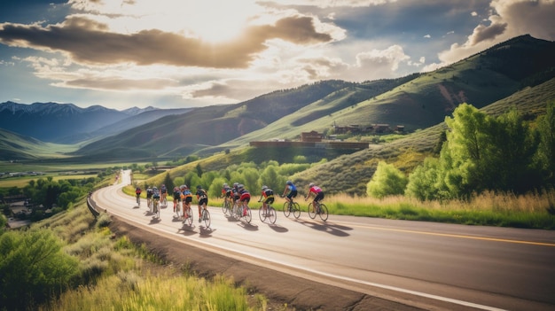 Foto ciclistas montando a través de un camino de montaña sinuoso con un hermoso paisaje panorámico
