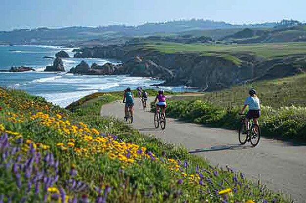 Ciclistas navegando a lo largo de una pintoresca pista para bicicletas costera