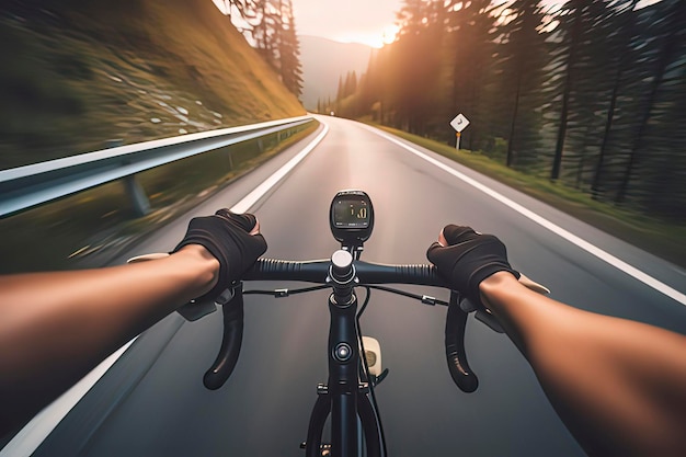 Foto ciclistas pedalando em estradas de montanha imagem gerada por tecnologia de ia