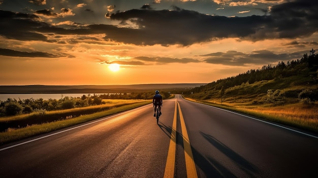 Ciclistas praticam ciclismo em estrada aberta até o pôr do sol