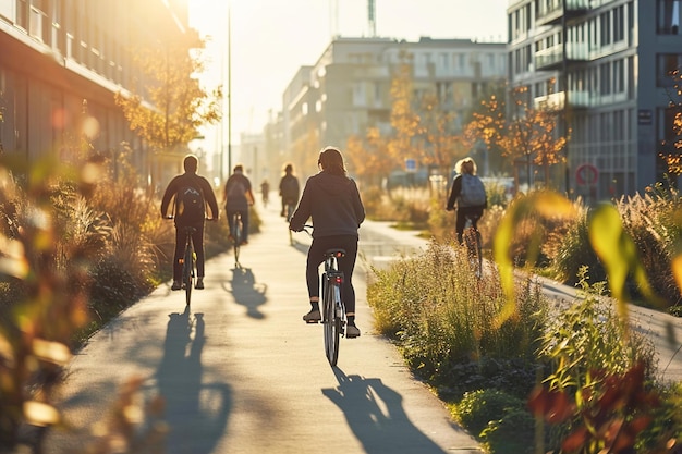 Foto ciclistas que se deslocam num ambiente urbano ecológico