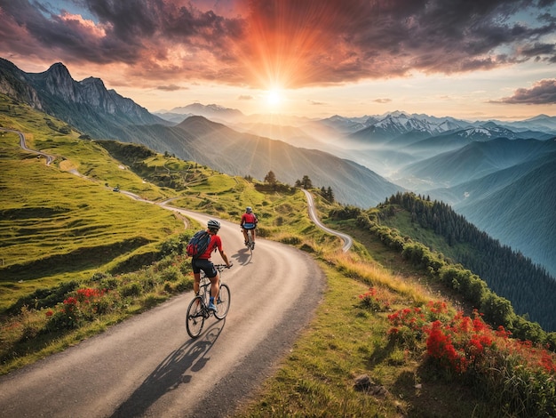 Foto los ciclistas subiendo por el largo camino pavimentado que se curva hacia adelante y hacia atrás sobre sí mismos arriba y abajo del extremo