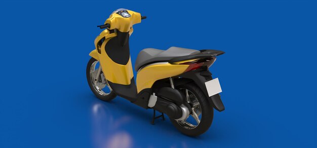 Ciclomotor amarelo urbano moderno em um fundo azul. ilustração 3D.