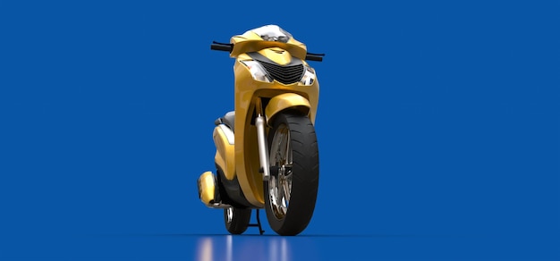 Ciclomotor amarillo urbano moderno sobre un fondo azul. Ilustración 3D.