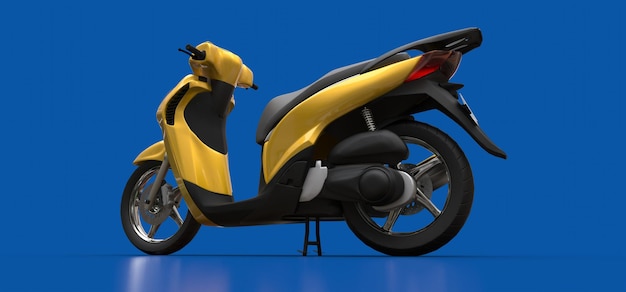Ciclomotor amarillo urbano moderno sobre un fondo azul. ilustración 3d