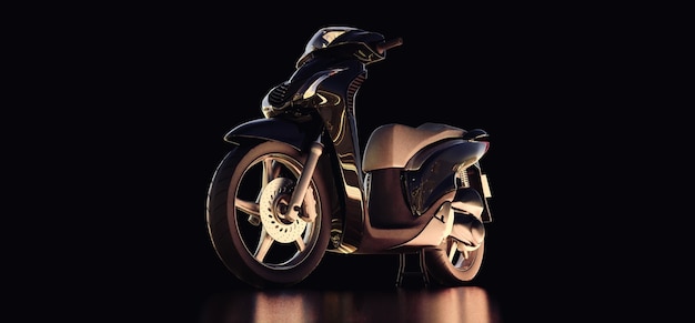 Ciclomotor negro urbano moderno sobre un fondo negro. Ilustración 3D.
