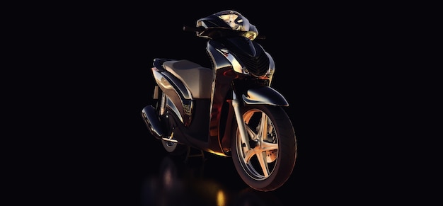 Ciclomotor preto urbano moderno em um fundo preto. Ilustração 3D.