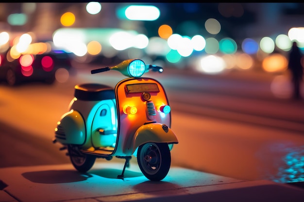 Ciclomotor scooter en ocean drive miami beach por la noche con luces de neón de hoteles Red neuronal generada por IA