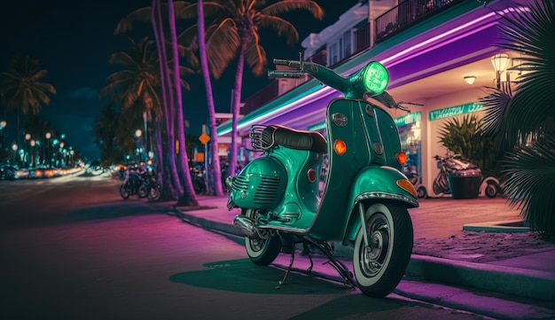 Foto ciclomotor scooter en ocean drive miami beach por la noche con luces de neón